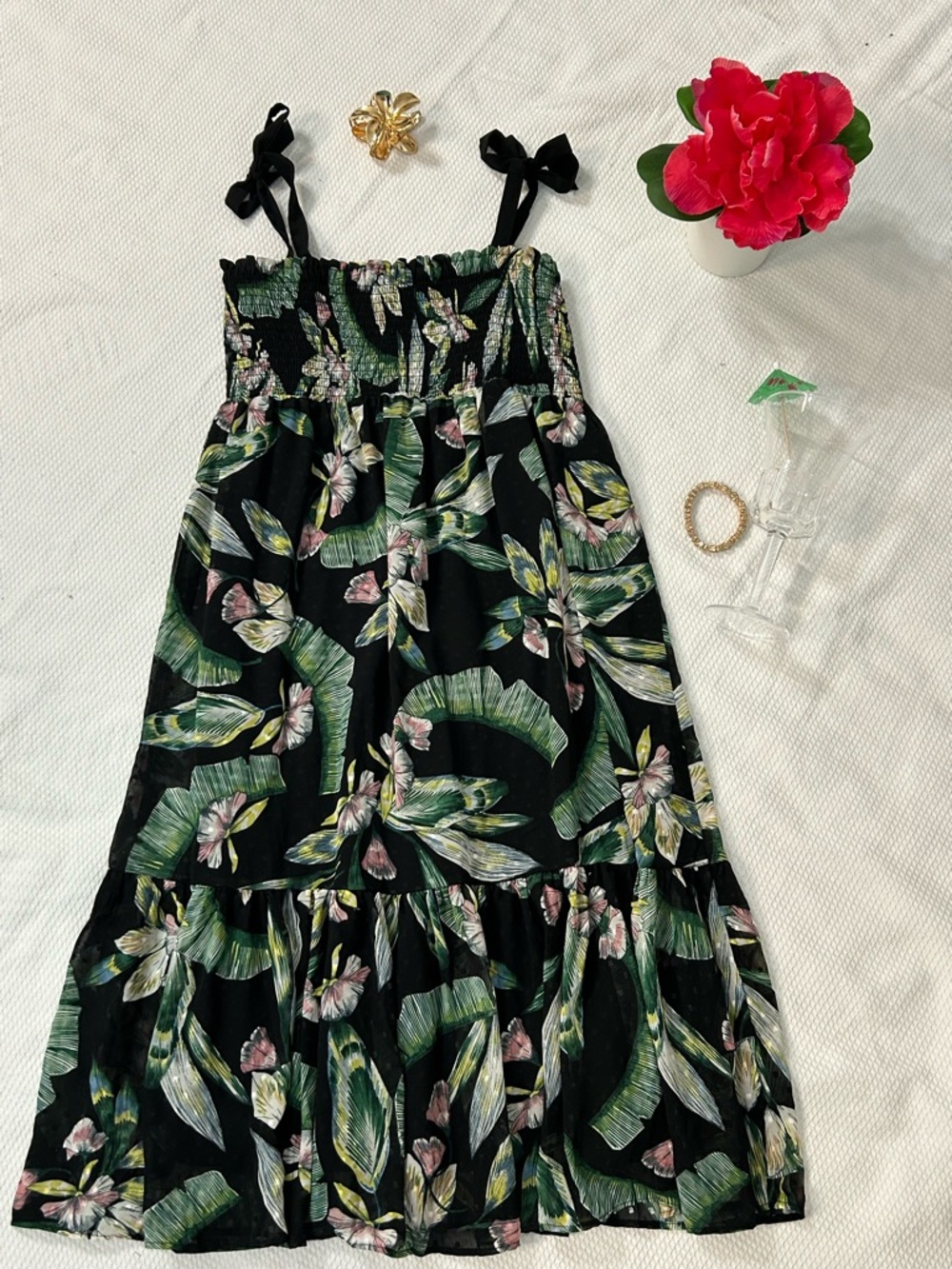 Garden Party: Stella & Dot Black Maxi Dress with Green and Pink Tropical Print